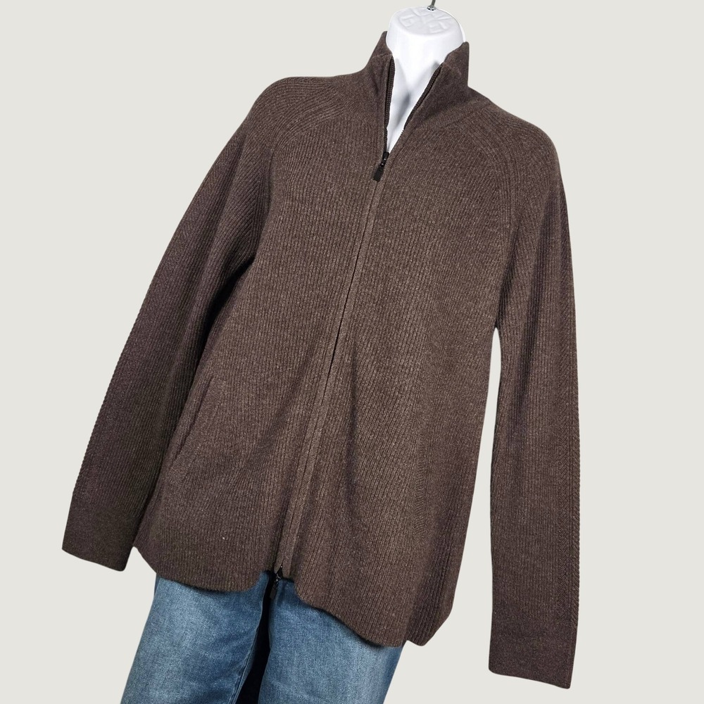 Kinross NEW Women Large Full Zip 100% Cashmere Ribbed Sweater Jacket Dark Brown